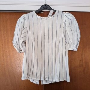 J. Crew White Blouse with Blue Cotton Vertical Stripes and Puff Sleeves New